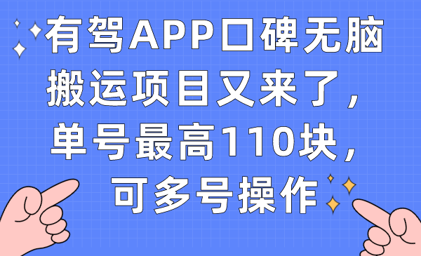 有驾APP口碑无脑搬运项目又来了，单号最高110块，可多号操作-分享互联网最新创业兼职副业项目凌云网创